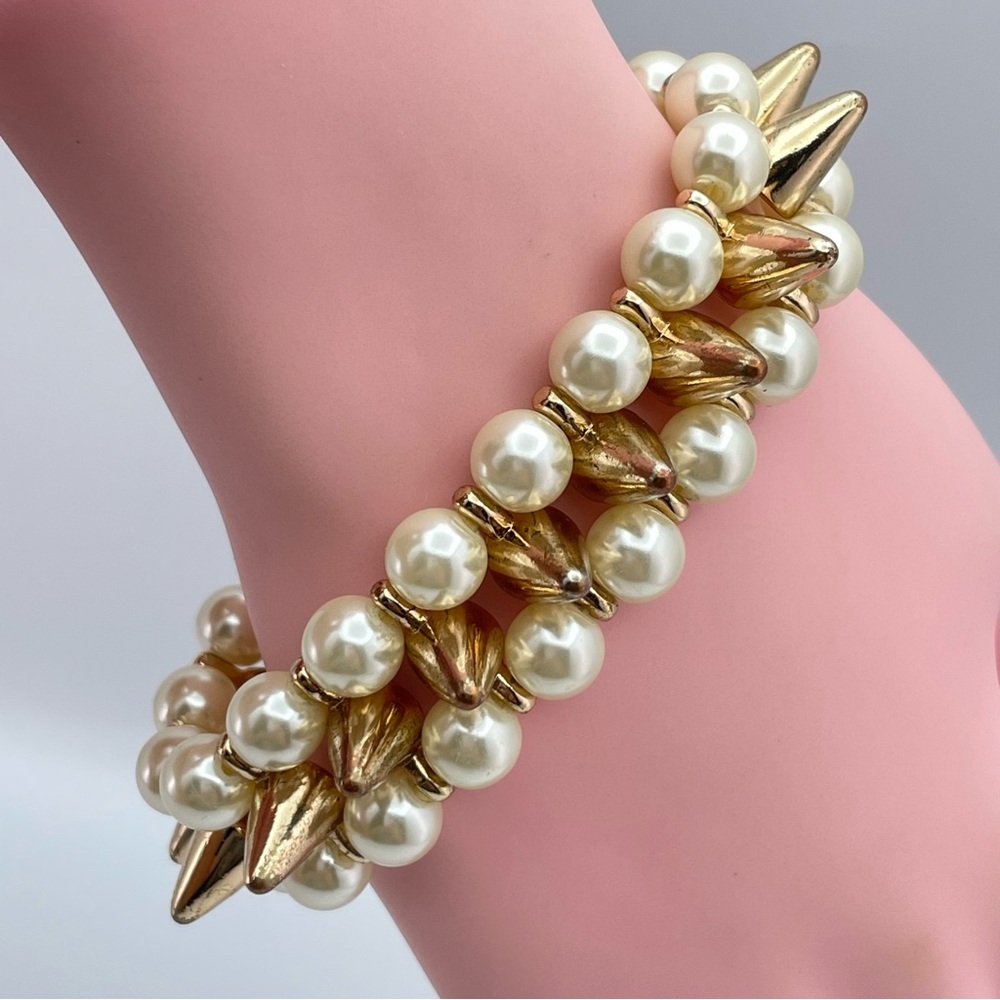 Gold Tone Spike & Faux Pearl Stretch Bracelet Statement Jewelry
